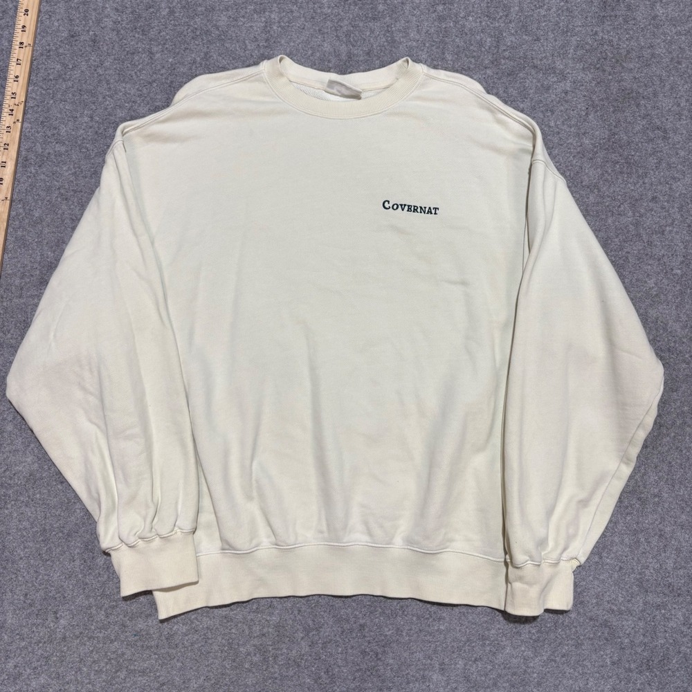 Covernat Mens Cream Embroidered Logo Crewneck Sweatshirt Off White Large